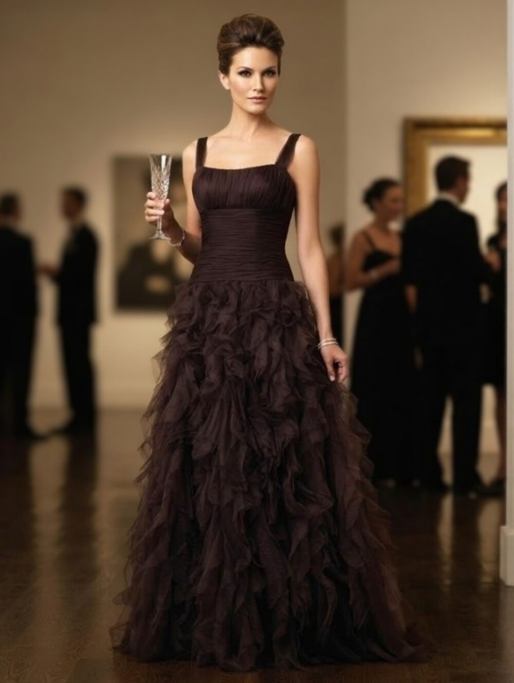 PRONOVIAS Barcelona Dark Brown Tulle Ruffled Formal Gown Evening Dress Size 10